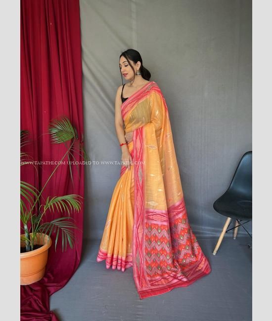 Beautiful Orange Coloured Soft Tissue Linen Saree