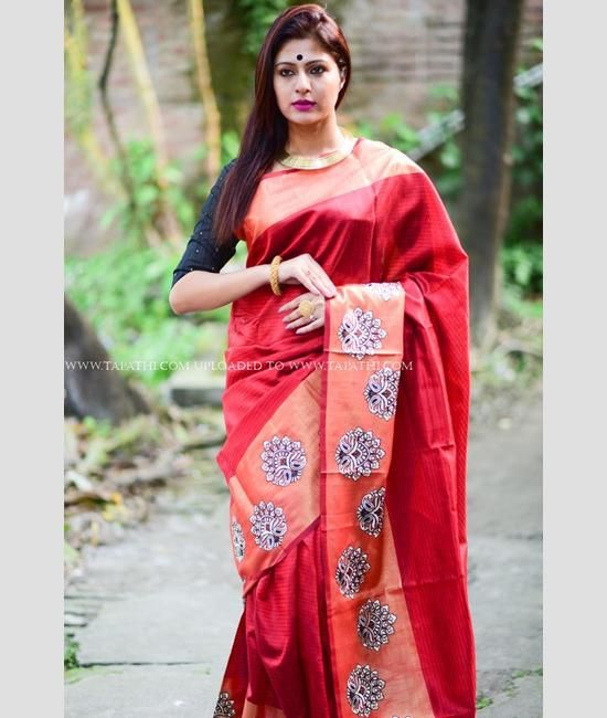 Red Pure Silk Plain Saree With Heavy Border