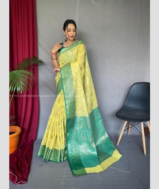 Buy Yellow Silk Saree Blue Border Floral Work Online | trendwati