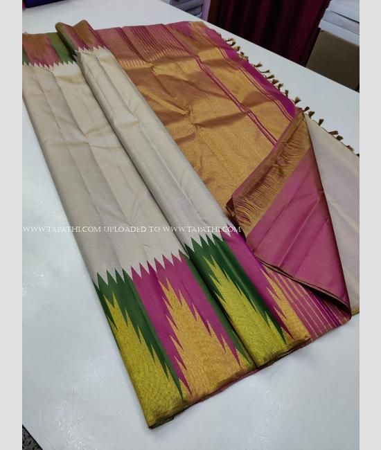 Blue and Purple Border Cotton Temple Design Saree - Loomfolks