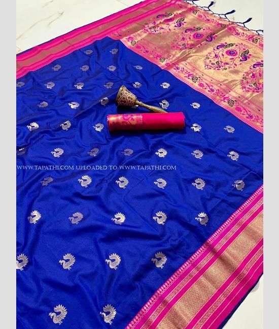 Blue coloured with red skirt border Paithani Saree