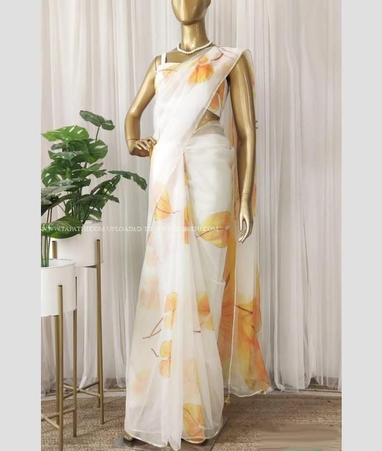 Buy Cream Hand Embroidered Organza Saree Online in USA with Red Blouse –  Pure Elegance