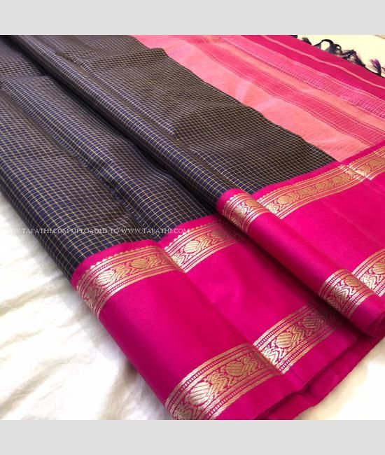 Checked Dark Blue Kanjeevaram Silk Saree With Black Border | Silk sarees,  Saree, Silk