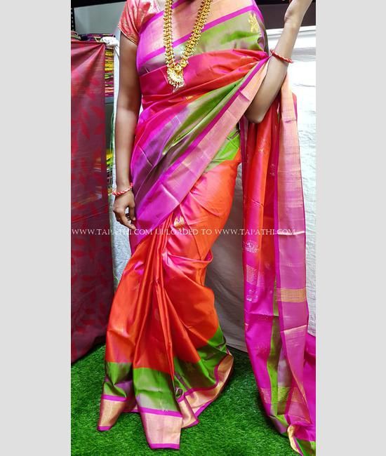 Orange And Green Colored Zari Woven Jacquard Silk Saree – Cygnus Fashion