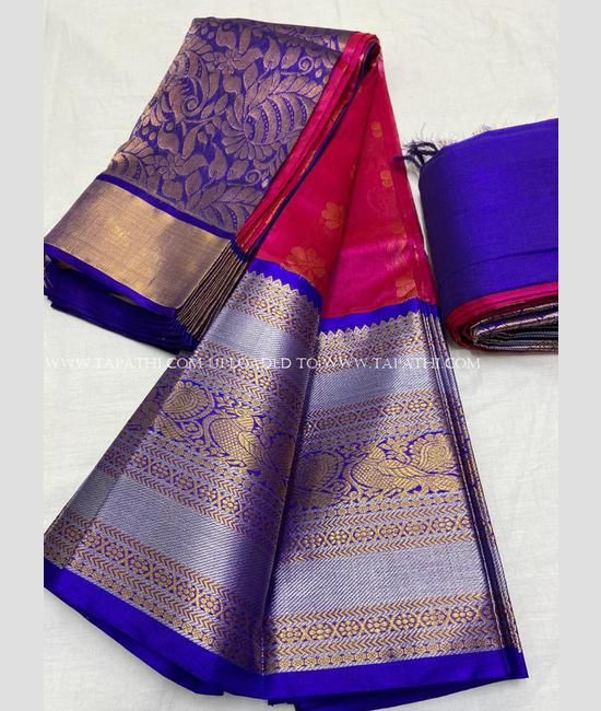 Banarasee Semi-Katan Zari Buta & Contrast Border Saree-Maroon & Blue