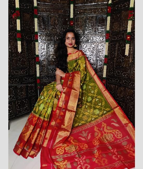 Olive and Burgundy color Ikkat sico handloom saree